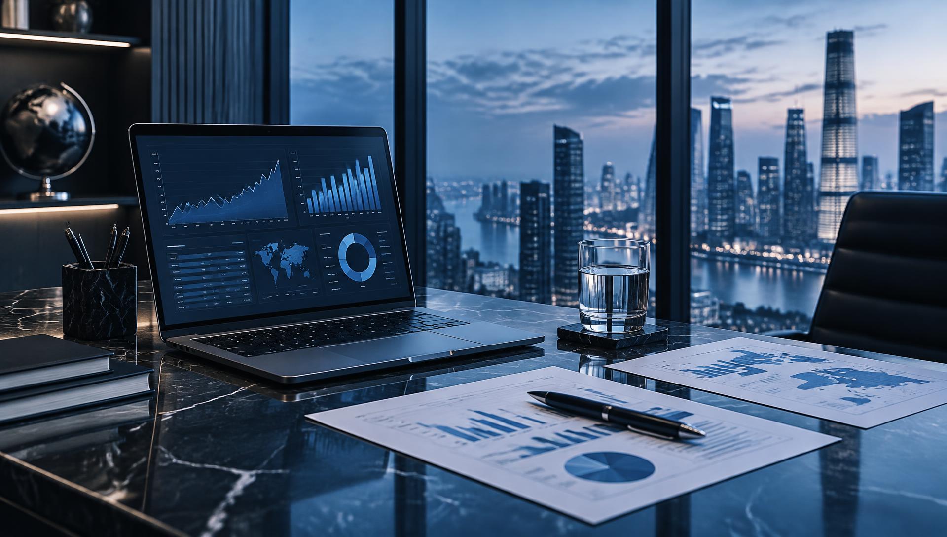 Mesa de trabalho com gráficos financeiros e planejamento empresarial